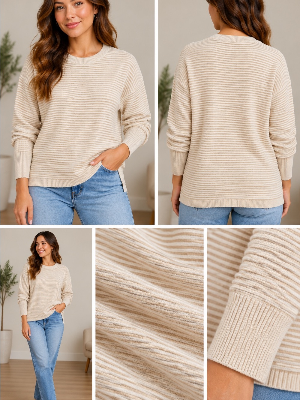 Zeagoo Beige Ribbed Knit Sweater – Size S– Textured Long Sleeve Pullover